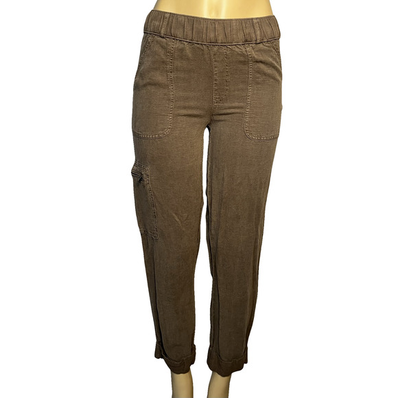 Nicole Miller Pants Womens XS Brown Linen Lyocell Cargo Elastic Waist Cropped - Picture 1 of 10
